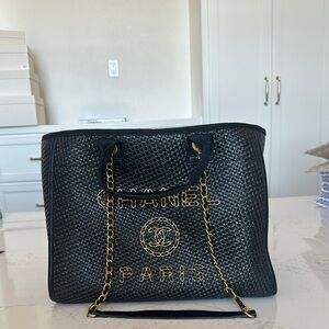 Black Textured Leather Tote with Gold Accents